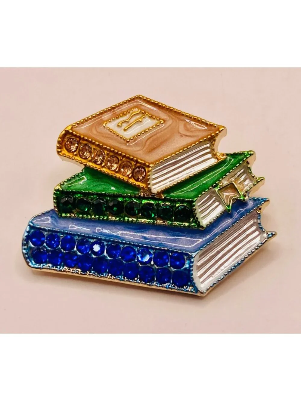 Stacked Books Enamel & Rhinestone Gold-Tone Brooch Pin Multicolor -26B